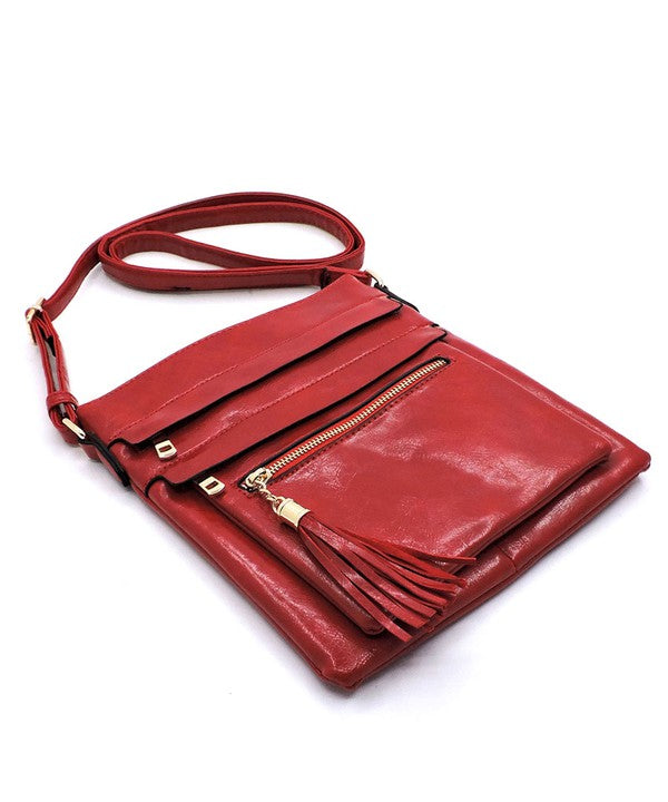 Glossy Multi Zip Pocket Crossbody Bag