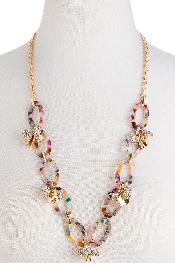 Marbled Chain Links With Rhinestone Clusters & Geo Charms Necklace