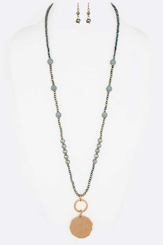 Beaded Long Necklace With Metal Pendant