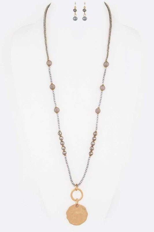 Beaded Long Necklace With Metal Pendant