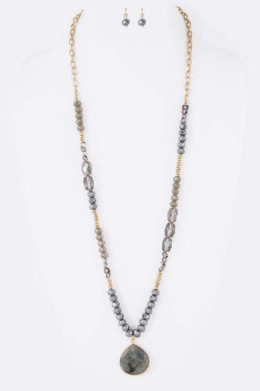 Genuine Stone Pendant Mix Beads Long Necklace Set