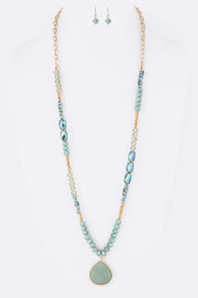 Genuine Stone Pendant Mix Beads Long Necklace Set