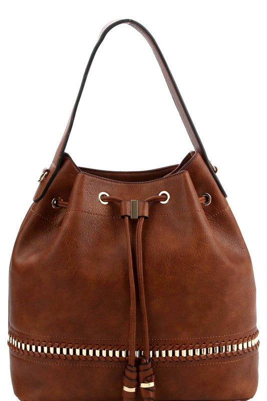 Whipstitch Accent Drawstring Bucket Hobo