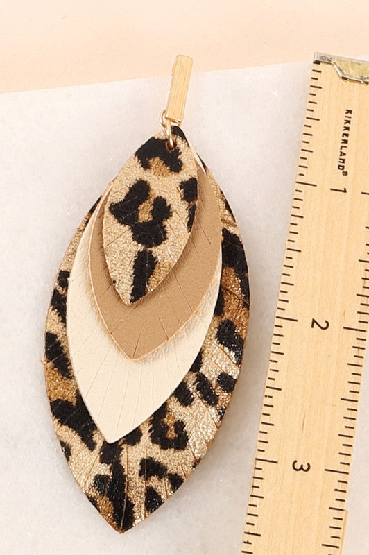 Layered Feather Animal Print PU Leather Earrings