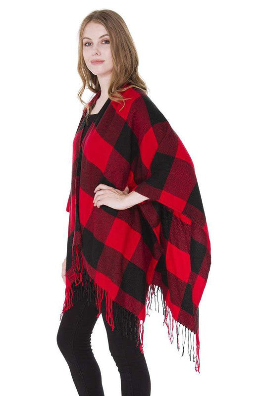 Buffalo Check Cape with Fringes (Red)