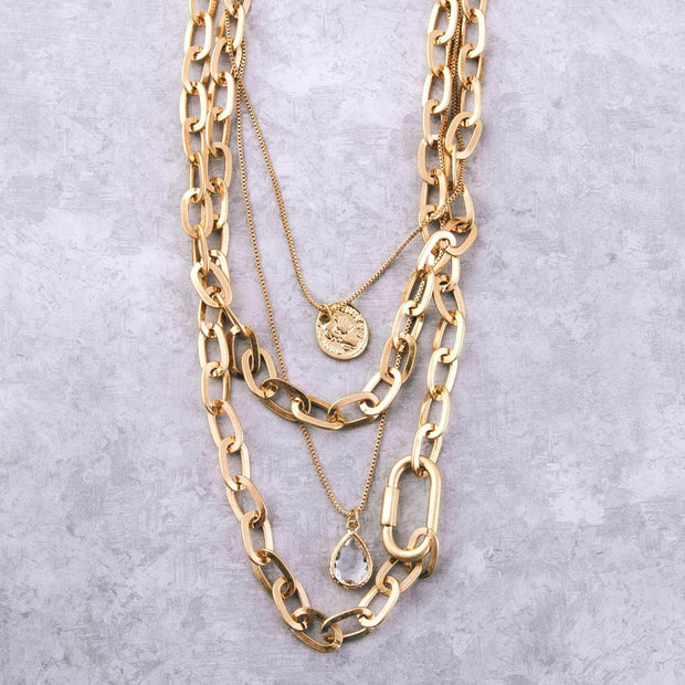 Layered Carabiner Chain Link Coin Necklace With Teardrop Accent