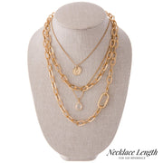 Layered Carabiner Chain Link Coin Necklace With Teardrop Accent