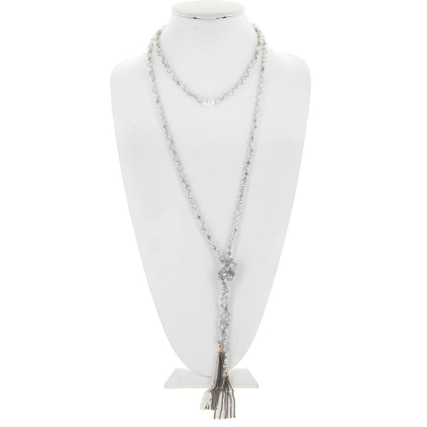 CRYSTAL BEADED NECKLACE W/ FRESH WATER PEARL AND CHAIN TASSEL