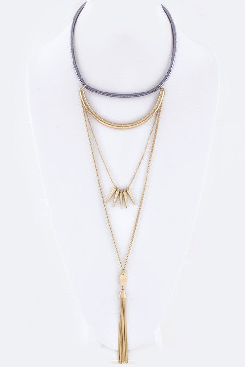 Spikes & Tassel Layer Collar Necklace