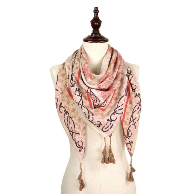 Flower Print Square Scarf With Tassels
