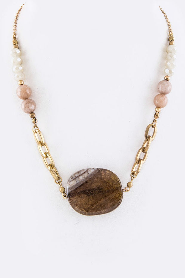 Natural Stone Geo Pendant & Mix Bead Chain Necklace