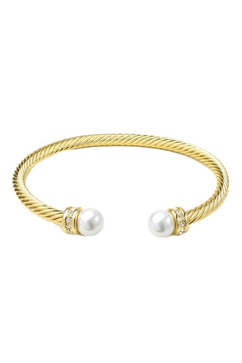 Twisted Cable Pearl and CZ Open Cuff Bangle