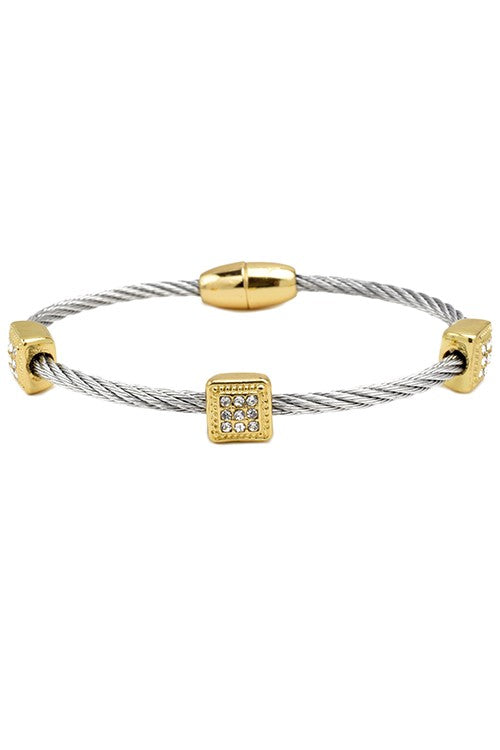 Silver Twisted Cable Magnetic Bracelet with Cubic Zirconia
