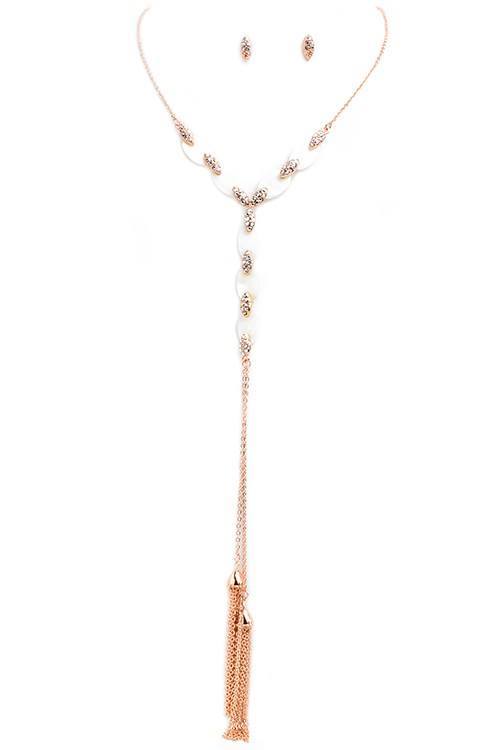 Crystal Studded Mother Of Pearl Y Shape Necklace