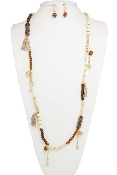 Coconut Wood Beaded Long Necklace w/Fabric Tassel