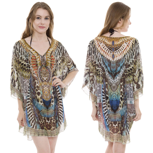 Brown Leopard Print Caftan with Stones