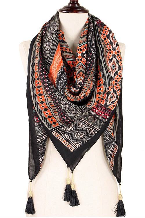 Abstract Print Square Scarf With Tassel Ends