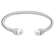 Twisted Cable Pearl and CZ Open Cuff Bangle